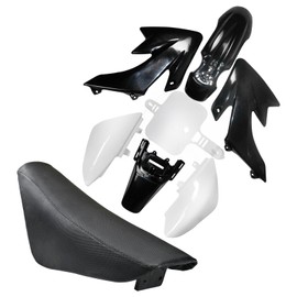 ICONSPORTSS CRF50 Plastics Kit Pit Bike Parts Fairings Fenders + Black Seat for CRF 50 XR 50 XR50 SSR 110 SSR 125 Taotao DB14 Coolster 125cc Dirt Pit Bikes (Black+White)