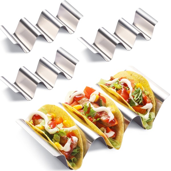 Taco Holder 4 Packs - Health Material Stainless Steel Taco Holders set of 4, Oven & Dishwasher & Grill Safe Taco Shell Tray, Each Metal Taco Stands for 3 Tacos, Stylish Taco Rack with Handles