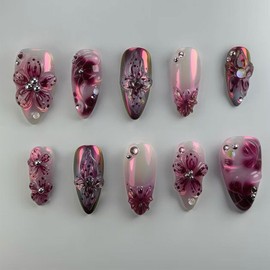 24 Pcs Fall Almond Press on Nails Medium Fake Nails Purplish Red False Nails with Cute 3D Flower Design Nails Glossy Acrylic Press ons Reusable Stick on Nails for Women