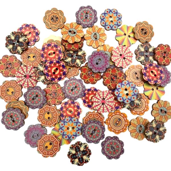150PCS Vintage Wooden Buttons, 3/4 inch,20mm, Mixed Pattern, 2 Holes,