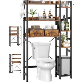 Over The Toilet Storage with 2 Drawers - 7 Tier Bathroom Organizer with Adjustable Shelf, Freestanding Space Saver Storage Rack Above Toilet Stand with 4 Hooks for, Restroom, Laundry, Rustic Brown