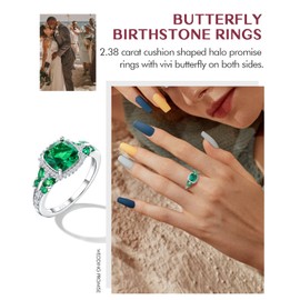 DAYBYDAY Emerald Butterfly Ring Sterling Silver Cushion Cut Engagement Ring Green Gemstone Rings for Women Anniversary Jewelry Size 9