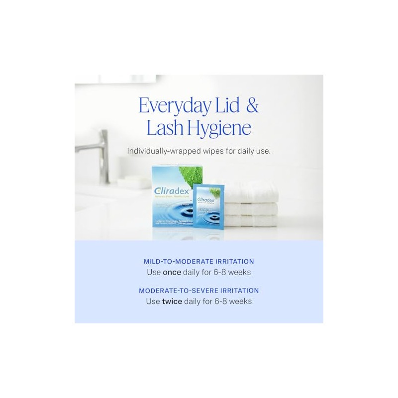 Cliradex Natural Eyelid, Eyelash, and Facial Cleansing Towelettes, Box of