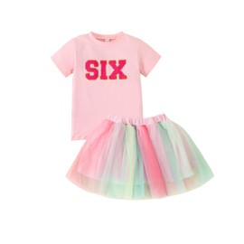 ATCTBOGFS Toddler Kids Baby Girls Birthday Outfit Two/Three/Four/Five/Six Embroidery T-shirt Colorful Rainbow Mesh Tulle Tutu Skirts Summer Spring Clothes 2PCS
