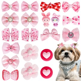 Gvhntk 20Pcs Light Pink Small Dog Hair Bows with Rubber Bands Cute Puppy Dog Bowknot Bulk Mix Style Handmade Flower Ball Bowknot Top Knot Rhinestone Pearls Dogs Hair Accessories for Dogs Cat