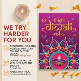 Decorably 16 Pack Gold Foiled and Glittery 5x7in Happy Diwali Cards with Envelopes and Stickers - 8 Elegant Designs Happy Diwali Card set with Printed Message Inside
