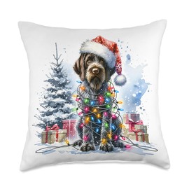 Watercolor German Wirehaired Pointer Dog Christmas Lights Throw Pillow