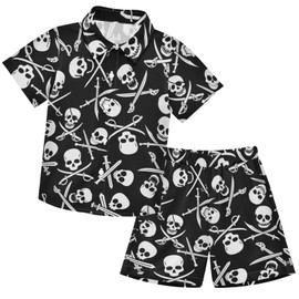 visesunny Toddler Boys 2 Piece Outfit Button Down Shirt and Short Sets Pirate Skull with Crossed Swords Boy Summer Outfits for Infant Baby Children Kids