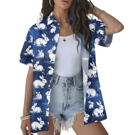 Moon Rabbit Hawaiian Shirt for Women, Cute Bunny Night Sky Shirt, Women's Summer Button Up, Lunar Bunny Shirt