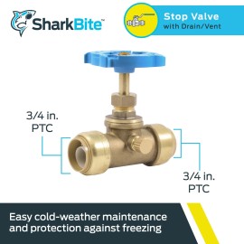 Sharkbite 34 Inch Brass Push Stop Valve With Drain Vent For Pex Copper Pipes