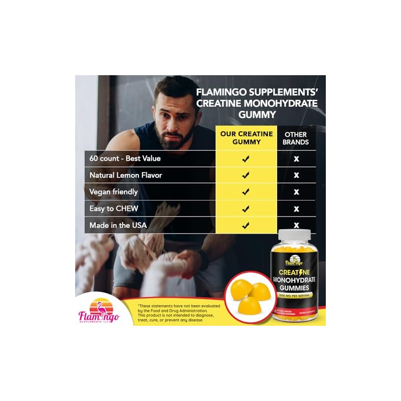 Flamingo Supplements Suplemento gomoso de creatina masticables preentrenamiento con monohidrato
