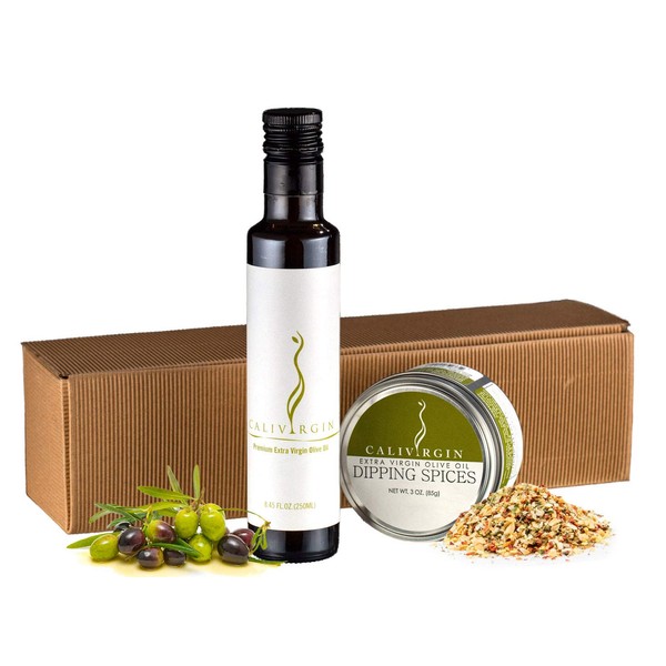 Calivirgin Dipping Spices & Olive Oil Gift Set - Gourmet Bread Dip Spice Mix & Premium Extra Virgin Olive Oil Sampler - Unfiltered Olive Oil (250ml) Sampler With Bread Dipping Spice Blend (85g)