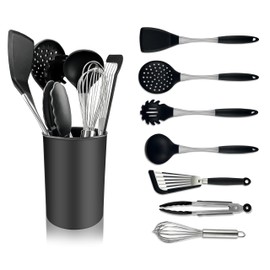8Pcs Silicone Cooking Utensils Set, Silicone Kitchen Utensils Set with Stainless Steel Handle, Dishwasher Safe, Heat Resistant,Utensil Sets for Cooking (Black)