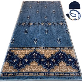 Modefa Turkish Islamic Luxury Prayer Carpet - Large Plush Velvet Rolled Kilim Rug - Thick Janamaz for Men & Women Ramadan or Eid Gift with Tesbih Prayer Beads & Kufi (Floral Blue)