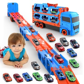 Race Track Truck Toys for 2-4 Year Old Boys Birthday 165cm Folded Transport Carrier Trucks for Kids Age 3-5, Racing Cars Gifts for Toddlers