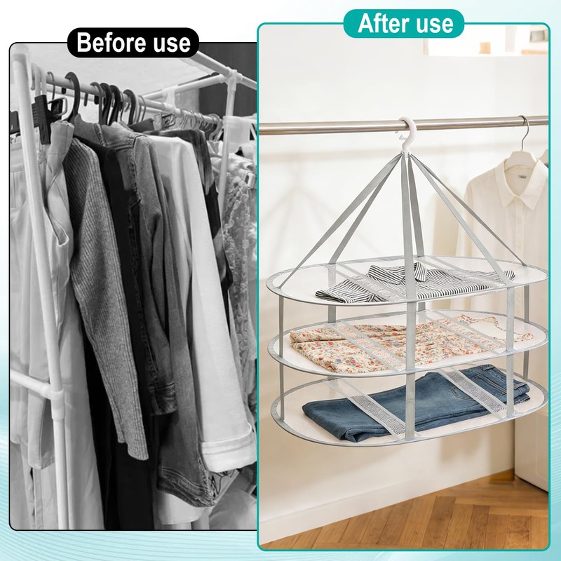 3-Tier Folding Mesh Clothes Drying Rack, Hanging Sweater Dryer for