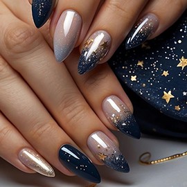 Gradient French Tip Press on Nails Medium Almond Fake Nails Glossy Starry Sky Star Glue on Nails Summer False Nail Tips Cute French Press on Nails for Women and Girls Daily Wear Finger Manicure 24Pcs