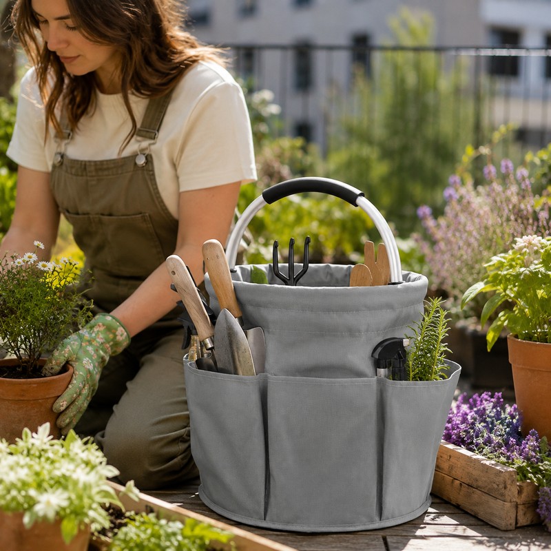 17L Garden Tool Storage Basket for Gardening - Foldable 6-Pocket