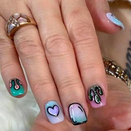 Square Press on Nails Short Fake Nails with Designs Colorful Heart Stick on Nail Black Lines Acrylic False Nail French Glossy Artificial Nail Full Cover Glue on Nails for Women
