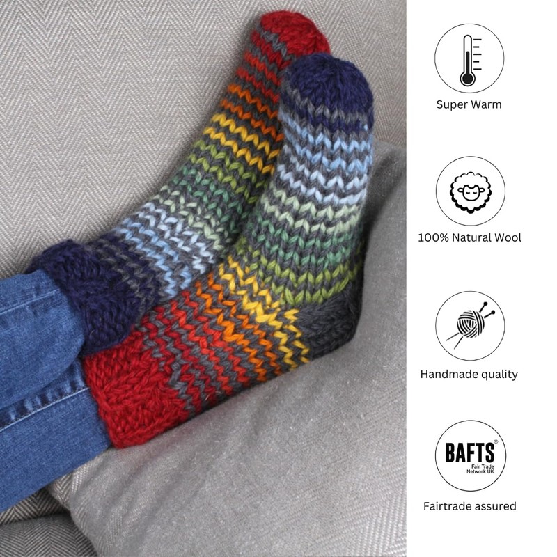 Pachamama Women 100% Wool Bed Sofa Socks Handknitted Stripe Navy