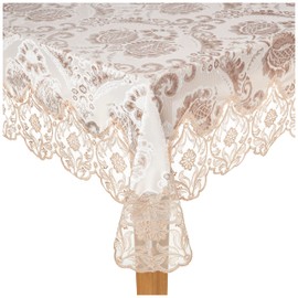 Violet Linen Elegant Velvet Lace Sheer Floral Deluxe Design Tablecloths - Taupe, 70" x 120"