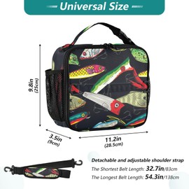 Kjovgcb Thermal Insulated Cooler Lunchbox Bag, Leakproof Nylon Lunch Meal Picnic Bag with Dural Buckled Handle 11.2x3.5x9.8 in Print Pop Colorful Fishing Lures Seamless On Black