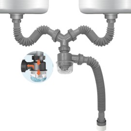 QruiLanTu Double Sink Drain Kit Expandable Flexible 1 1/2 Inch P-Trap with Visible Removable Easy-Clean Water Seal Anti-Odor Cup for Bathroom, Kitchen Sink Drain Pipe Kit