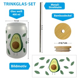 Avocado Drinking Glass with Bamboo Lid in Watercolour Style, A Cute Glass for Your Favourite Drink, Women, Kawaii Fruit, Sweet Kitchen Accessories, Healthy with Fruit Motif Leaves