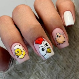 24 Pcs Easter Press on Nails Short Square Fake Nails Cartoon Yellow Cute Chick Designs Easter Matte False Nails Full Cover Stick on Nails for Women Girls Easter Spring Party Nails Art Decorations