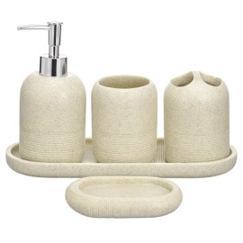 uxcell Bathroom Accessories Set, 5-Piece Resin Bathroom Storage Organizer, Toothbrush & Toothpaste Holder, Lotion Dispenser, Tray and Soap Dish Beige