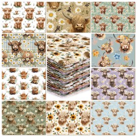 Hahafelt 10 Pcs Highland Cow Quilting Fabric 18 x 22 Inch Square Bundle Highland Cow Precuts Quilted Fabric Multi Color Printed Patchwork Supplies for Summer DIY Sewing Crafts