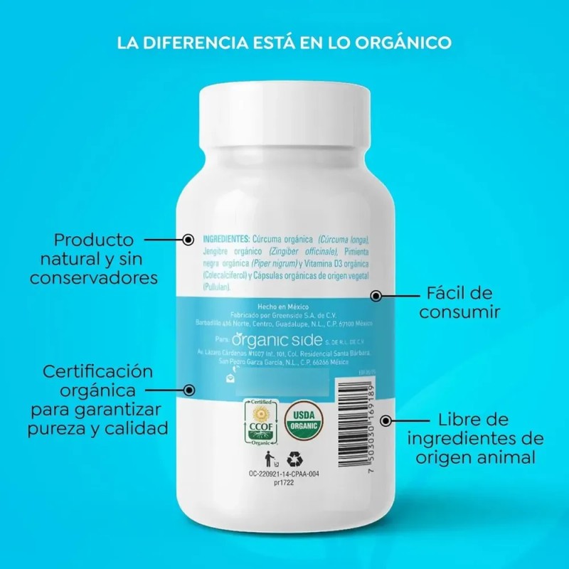 Vitamina D3 Con Cúrcuma, Jengibre Y Pimienta Organic Side