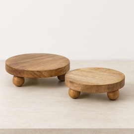 Set of 2 Round Wooden Riser Trays – Handcrafted Mango Wood Pedestal Stands – Rustic Decorative Home Decor for Modern Coffee Table, Kitchen, or Office – 10", Brown
