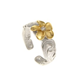 Arthur's Jewelry 925 sterling silver rhodium plated yellow gold plated Hawaiian plumeria cz scroll cut out edge toe ring