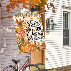 Baccessor Fall Thanksgiving Pumpkins House Flag 28 x 40 Inch Double Sided Harvest Autumn for Jesus He Never Leaves Burlap Large Flag Holiday Seasonal Outside Yard Outdoor Decoration