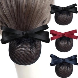 Set of 3 Chignon Net Barrette with Net, BetterJonny Large Hair Net Bow, Hair Net Ribbon, Hair Net Ribbon, Barrette, Women's Hair Accessories (Black, Blue, Red)