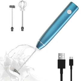 Milk Frother Rechargeable Handheld Electric Whisk Coffee Frother Mixer with 2 Stainless whisks 3 Speed Adjustable Foam Maker Blender for Coffee Matcha Latte Cappuccino Hot Chocolate（C-Blue）