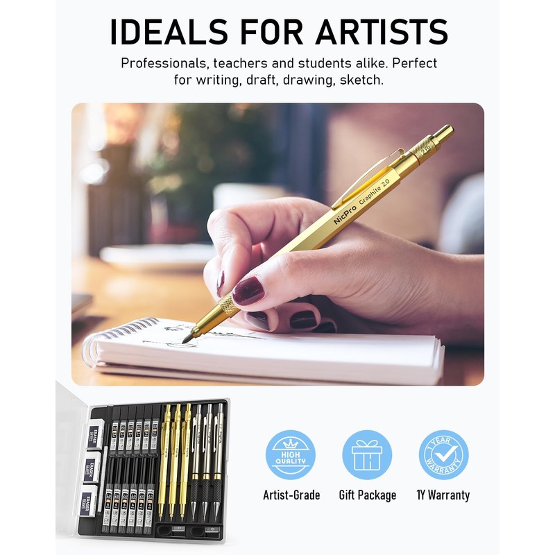 Nicpro Gold Art Mechanical Pencil Set, Metal Drafting Pencil 0.5,