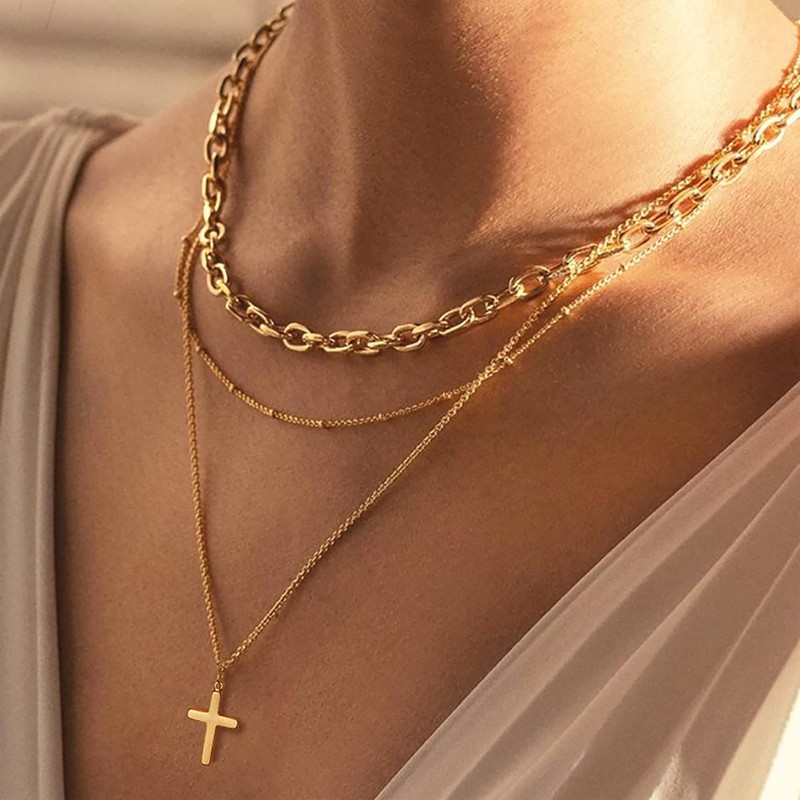 Yimofy Dainty Cross Necklace for Women 18K Gold Plated Layered