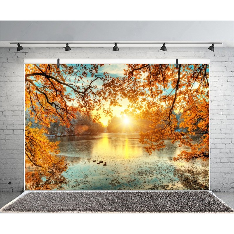 CSFOTO Polyester 5x3ft Autumn Backdrop Fall Leaves Water Lake Sunset