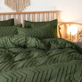 Nanko Olive Green Duvet Cover Full Size, 3pc Boho Tufted Microfiber Bedding Comforter Cover Set, All Season Aesthetic Shabby Chic Soft Embroidery Textured Geometric Quilt Cover (80x90)