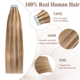 Lveyan Tape in Hair Extensions Human Hair, 20 Inch Chestnut Brown/Golden Blonde Remy Human Hair for Women Skin Weft 20pcs 50g/pack Invisible Tape in Hair Extensions (#P6/22, 20 Inch)