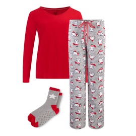 Rene Rofe 3 Piece Pajama Gift Set - Cotton Long Sleeve Top, Plush Fleece Pant and Cozy Sock Set - Winter Pajamas for Women