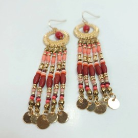 Fashion Jewelry E0807 Gold Color Metal Red Tone Beads Deco Tassel Drop Dangle Hook Earrings