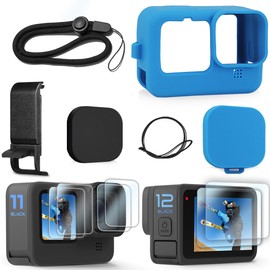 FitStill Blau Silikonhülle für Go Pro Hero12 /Hero11 /Hero 10 /Hero 9 Black, Batterieseitenabdeckung & Objektivdeckel & Displayschutzfolien & Trageband für Go Pro Hero 12/11/10/9 Black Zubehörset