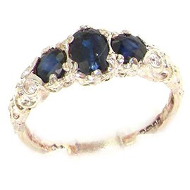 Ladies Solid Sterling Silver Natural Sapphire English Victorian Trilogy Ring size O Hand Finished with Genuine Sapphire