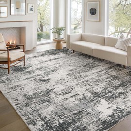 Area Rug Living Room Washable Rugs: 8x10 Modern Neutral Abstract Low Pile Non Slip Floor Carpet - Large Soft Thin Stain Resistant Rug for Bedroom Dining Indoor Office Home, Dark Grey