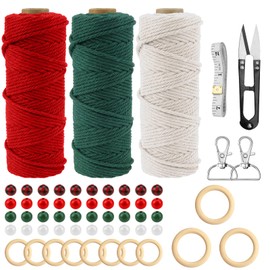 3Rolls Macrame Cord for Christmas 3mm x 50m(164ft) Macrame DIY Kits with Wooden Rings Wooden Beads D-buckles Xmas Accessories Wall Hanging Plant Hanger Craft Kit for Xmas Party Decor