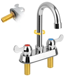 KWODE 4" Center Commercial Bar Sink Faucet, 2-Hole Deck Mount Utility Sink Faucet with 3-1/2" Gooseneck Swivel Spout & Dual Lever Handles for Laundry Tub RV Bar Sink, Brass Constructed, Chrome