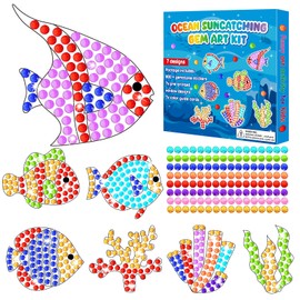 Qyeahkj 7pcs Summer Crafts Ocean Sea Arts Crafts DIY Under The Sea Gem Diamond Suncatcher Crafts for Kids Ocean Diamond Painting Gifts for Kids Bulk Aged 4 6 8 10 for Birthday Party Home School Decor